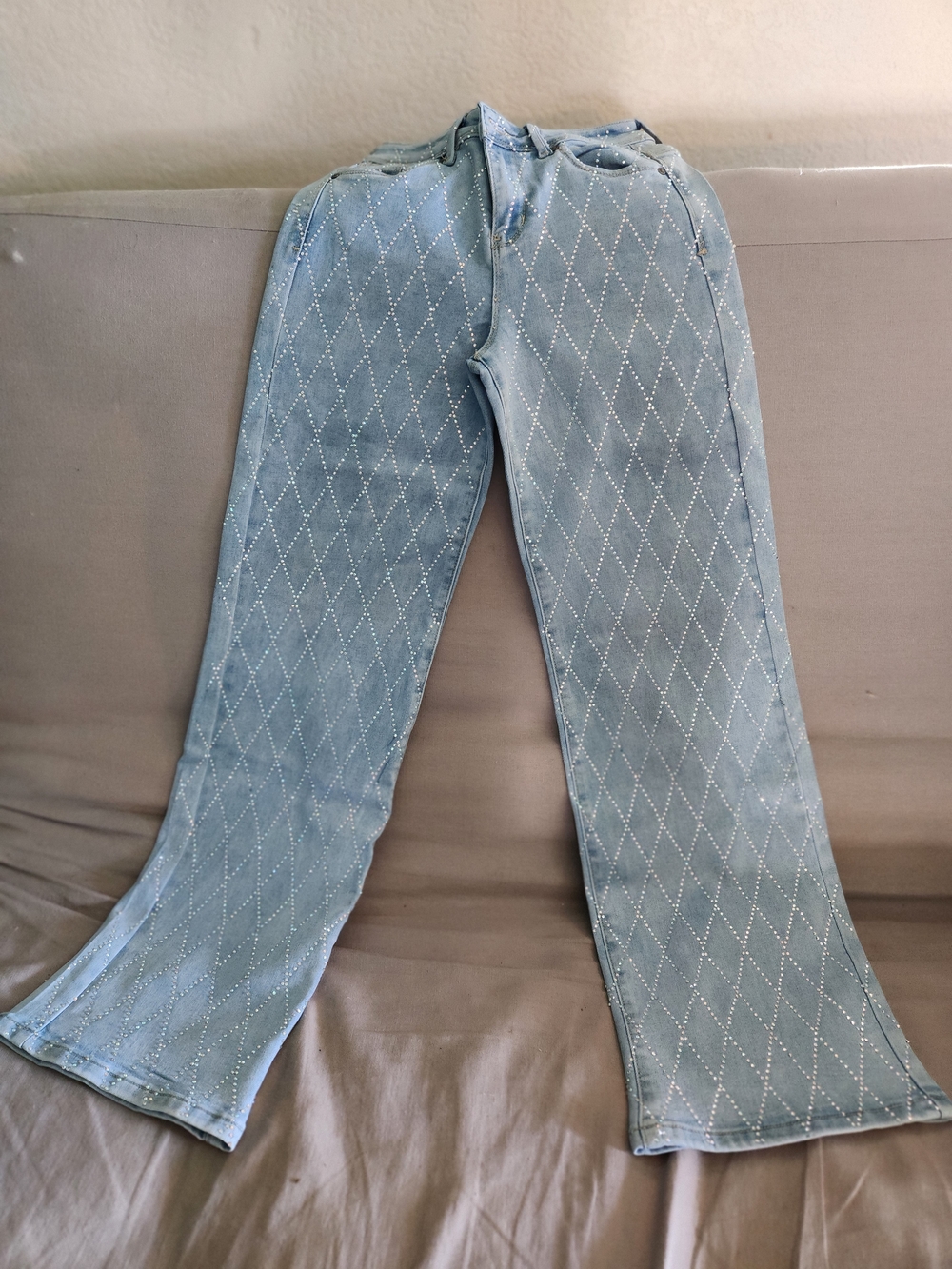 Light Blue Diamond-Pattern Boot Cut Jeans